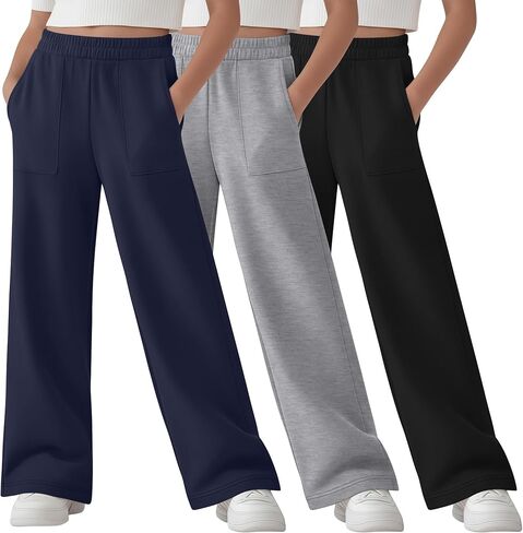 3 Pack Girl's Sweatpants Straight Leg Elastic Waist Joggers Baggy Sweat Pants with Patch Pockets 5-14 Years in Saudi Arabia