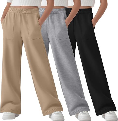 3 Pack Girl's Sweatpants Straight Leg Elastic Waist Joggers Baggy Sweat Pants with Patch Pockets 5-14 Years in Saudi Arabia