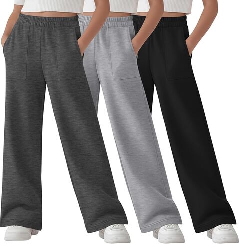 3 Pack Girl's Sweatpants Straight Leg Elastic Waist Joggers Baggy Sweat Pants with Patch Pockets 5-14 Years in Saudi Arabia