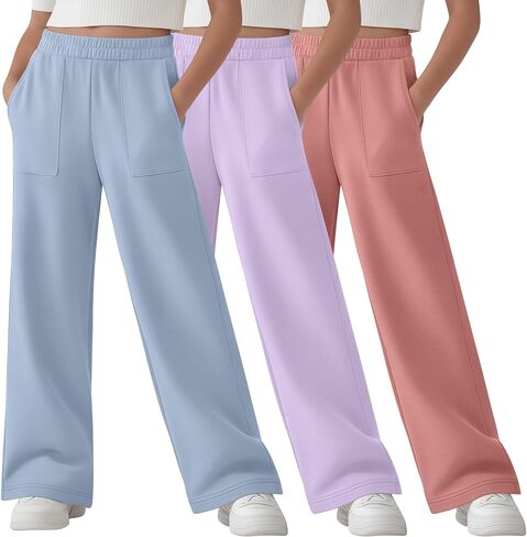 3 Pack Girl's Sweatpants Straight Leg Elastic Waist Joggers Baggy Sweat Pants with Patch Pockets 5-14 Years in Saudi Arabia
