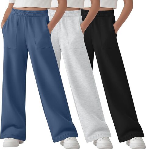 3 Pack Girl's Sweatpants Straight Leg Elastic Waist Joggers Baggy Sweat Pants with Patch Pockets 5-14 Years in Saudi Arabia