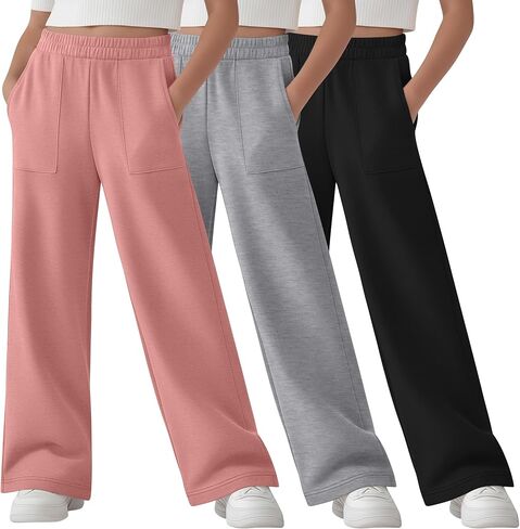 3 Pack Girl's Sweatpants Straight Leg Elastic Waist Joggers Baggy Sweat Pants with Patch Pockets 5-14 Years in Saudi Arabia
