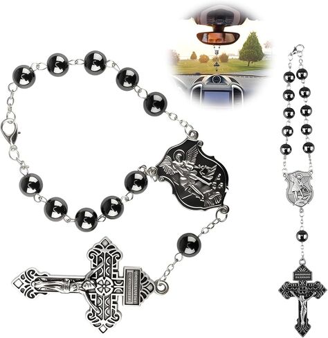 2 Pcs St. Michael Car Rosary for Rearview Mirror, Catholic Decade Pocket Rosary with 8mm Black Beads, Crucifix and Medal, Auto Truck Accessory for Prayer and Travel (Black) in Kuwait