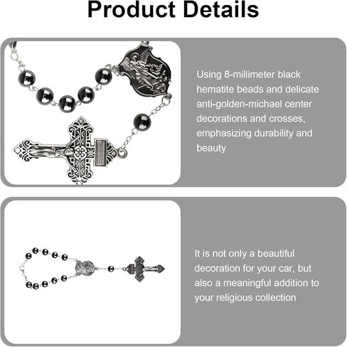 2 Pcs St. Michael Car Rosary for Rearview Mirror, Catholic Decade Pocket Rosary with 8mm Black Beads, Crucifix and Medal, Auto Truck Accessory for Prayer and Travel (Black) in Kuwait