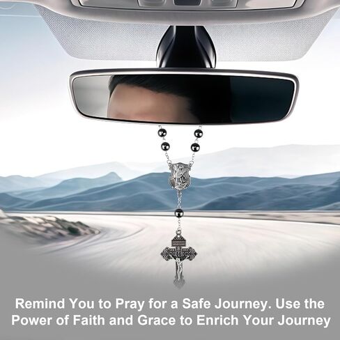 2 Pcs St. Michael Car Rosary for Rearview Mirror, Catholic Decade Pocket Rosary with 8mm Black Beads, Crucifix and Medal, Auto Truck Accessory for Prayer and Travel (Black) in Kuwait