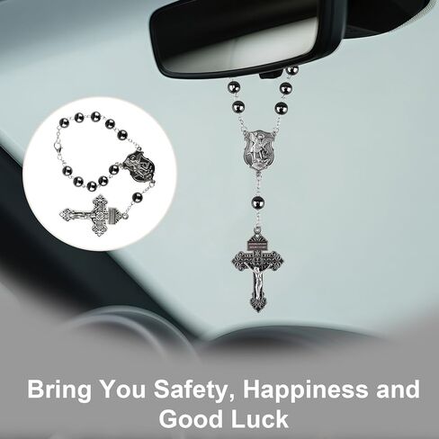 2 Pcs St. Michael Car Rosary for Rearview Mirror, Catholic Decade Pocket Rosary with 8mm Black Beads, Crucifix and Medal, Auto Truck Accessory for Prayer and Travel (Black) in Kuwait