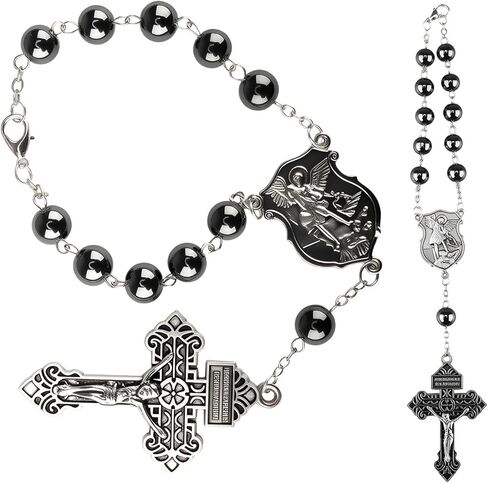 2 Pcs St. Michael Car Rosary for Rearview Mirror, Catholic Decade Pocket Rosary with 8mm Black Beads, Crucifix and Medal, Auto Truck Accessory for Prayer and Travel (Black) in Kuwait