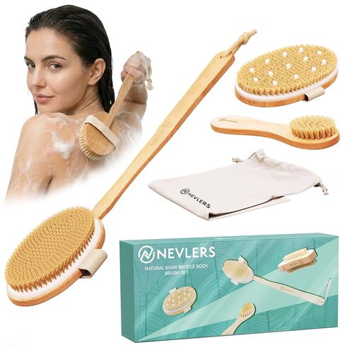 Nevlers Natural Boar Bristle Body Brush Set with Detachable Cellulite Massage Brush and Long Wooden Handle for Dry Brushing Perfect Kit to Exfoliate and Get Rid of Cellulite in Kuwait