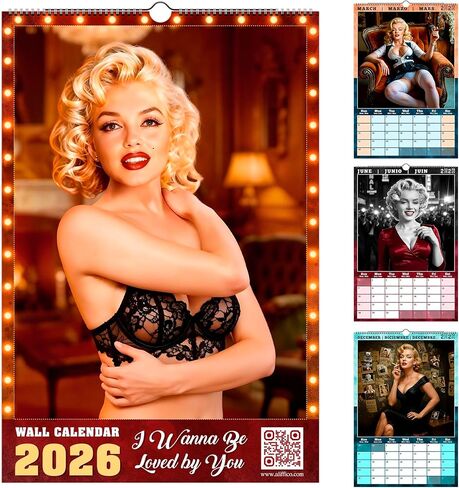 تقويم حائط مارلين مونرو السنوي لعام 2026. تقويم معلق على الحائط من ورق الحرير لعام 2026 مع 12 عملًا فنيًا مذهلاً. in Kuwait