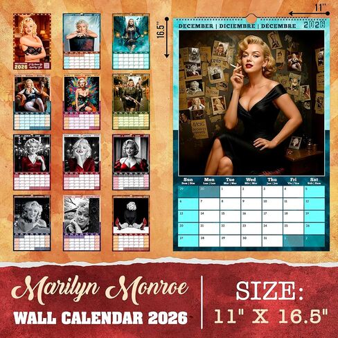 تقويم حائط مارلين مونرو السنوي لعام 2026. تقويم معلق على الحائط من ورق الحرير لعام 2026 مع 12 عملًا فنيًا مذهلاً. in Kuwait