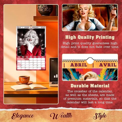 تقويم حائط مارلين مونرو السنوي لعام 2026. تقويم معلق على الحائط من ورق الحرير لعام 2026 مع 12 عملًا فنيًا مذهلاً. in Kuwait