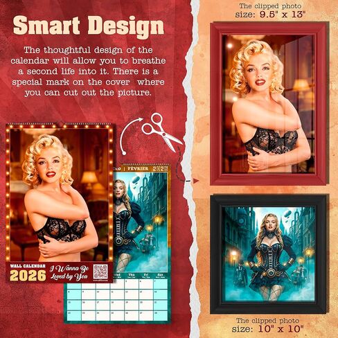 تقويم حائط مارلين مونرو السنوي لعام 2026. تقويم معلق على الحائط من ورق الحرير لعام 2026 مع 12 عملًا فنيًا مذهلاً. in Kuwait