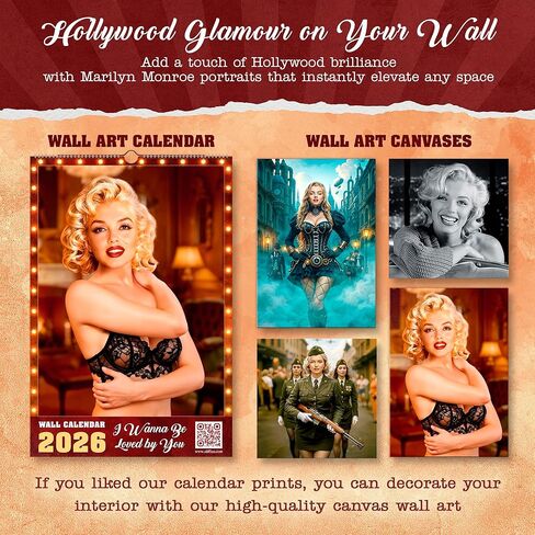 تقويم حائط مارلين مونرو السنوي لعام 2026. تقويم معلق على الحائط من ورق الحرير لعام 2026 مع 12 عملًا فنيًا مذهلاً. in Kuwait