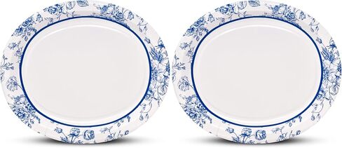 Gift Boutique 50 Blue Floral Oval Paper Plates 10" X 12" Large Disposable Platters Spring Summer Flowers Serving Dish Tray for Birthday Party Supplies in Saudi Arabia