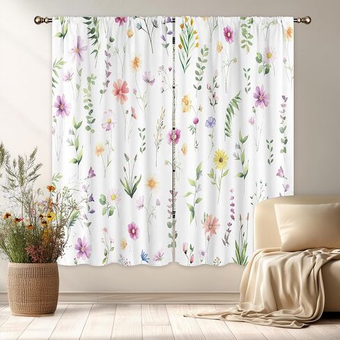LIGHTINHOME Spring Floral Curtains 42Wx63H Inch Boho Watercolor Blooming Flowers Farmhouse Wildflower Botanical Plants Rod Pocket Girls Bedroom Living Room Window Drapes Treatment Fabric 2 Panels in Kuwait
