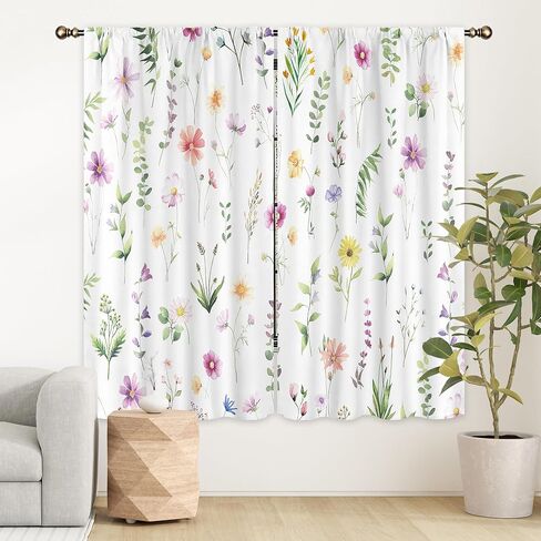 LIGHTINHOME Spring Floral Curtains 42Wx63H Inch Boho Watercolor Blooming Flowers Farmhouse Wildflower Botanical Plants Rod Pocket Girls Bedroom Living Room Window Drapes Treatment Fabric 2 Panels in Kuwait