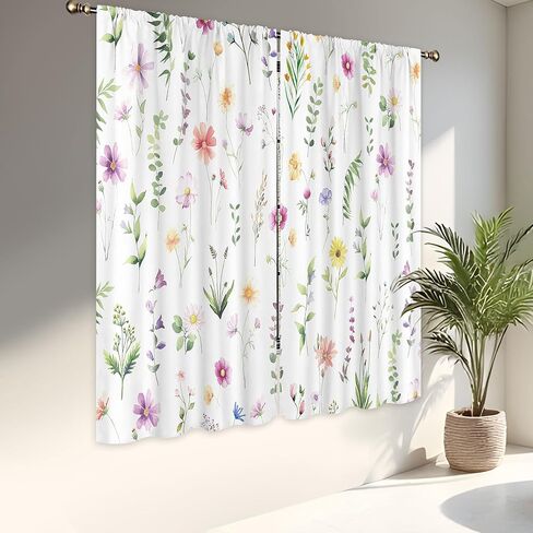 LIGHTINHOME Spring Floral Curtains 42Wx63H Inch Boho Watercolor Blooming Flowers Farmhouse Wildflower Botanical Plants Rod Pocket Girls Bedroom Living Room Window Drapes Treatment Fabric 2 Panels in Kuwait