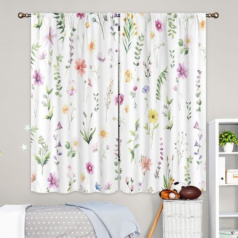 LIGHTINHOME Spring Floral Curtains 42Wx63H Inch Boho Watercolor Blooming Flowers Farmhouse Wildflower Botanical Plants Rod Pocket Girls Bedroom Living Room Window Drapes Treatment Fabric 2 Panels in Kuwait