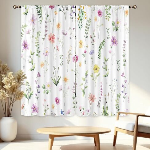 LIGHTINHOME Spring Floral Curtains 42Wx63H Inch Boho Watercolor Blooming Flowers Farmhouse Wildflower Botanical Plants Rod Pocket Girls Bedroom Living Room Window Drapes Treatment Fabric 2 Panels in Kuwait