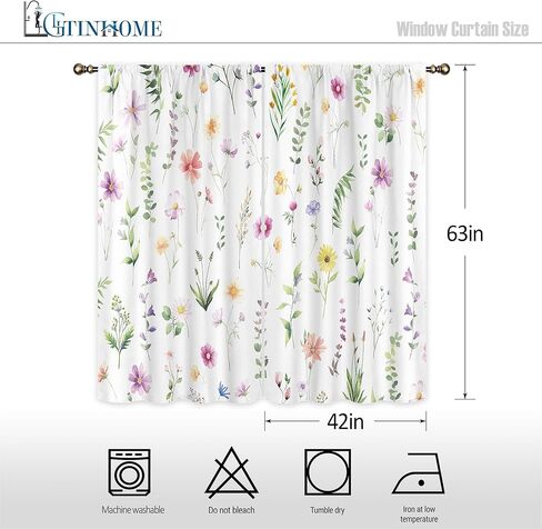 LIGHTINHOME Spring Floral Curtains 42Wx63H Inch Boho Watercolor Blooming Flowers Farmhouse Wildflower Botanical Plants Rod Pocket Girls Bedroom Living Room Window Drapes Treatment Fabric 2 Panels in Kuwait