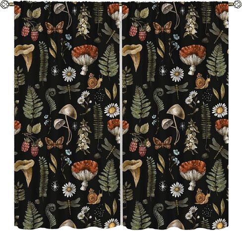 Rustic Mushroom Curtains, Vintage Black Fairytale Boho Forest Woodland Leaves Plants Mushrooms Flowers Windows Treatments Drapes for Kids Boys Girls Bedroom 42x45in（No Blackout） in Kuwait