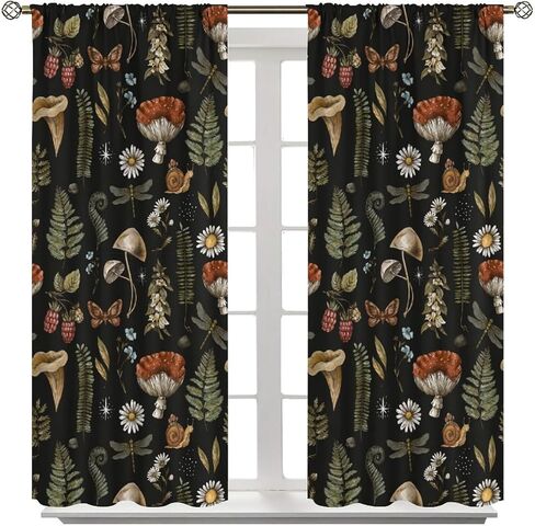 Rustic Mushroom Curtains, Vintage Black Fairytale Boho Forest Woodland Leaves Plants Mushrooms Flowers Windows Treatments Drapes for Kids Boys Girls Bedroom 42x45in（No Blackout） in Kuwait