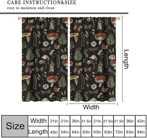 Rustic Mushroom Curtains, Vintage Black Fairytale Boho Forest Woodland Leaves Plants Mushrooms Flowers Windows Treatments Drapes for Kids Boys Girls Bedroom 42x45in（No Blackout） in Kuwait