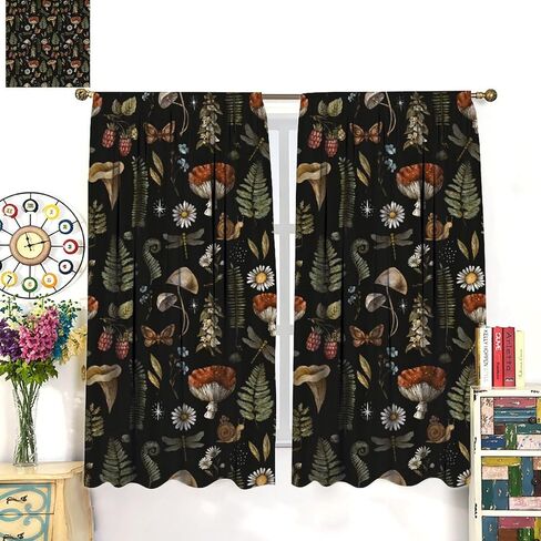 Rustic Mushroom Curtains, Vintage Black Fairytale Boho Forest Woodland Leaves Plants Mushrooms Flowers Windows Treatments Drapes for Kids Boys Girls Bedroom 42x45in（No Blackout） in Kuwait