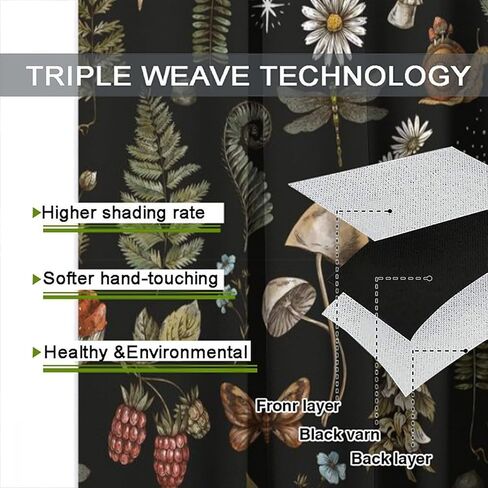 Rustic Mushroom Curtains, Vintage Black Fairytale Boho Forest Woodland Leaves Plants Mushrooms Flowers Windows Treatments Drapes for Kids Boys Girls Bedroom 42x45in（No Blackout） in Kuwait