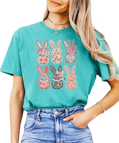Retro Floral Bunnies Shirt for Women and Teens Girly Coquette Easter Bunny Tee in Saudi Arabia