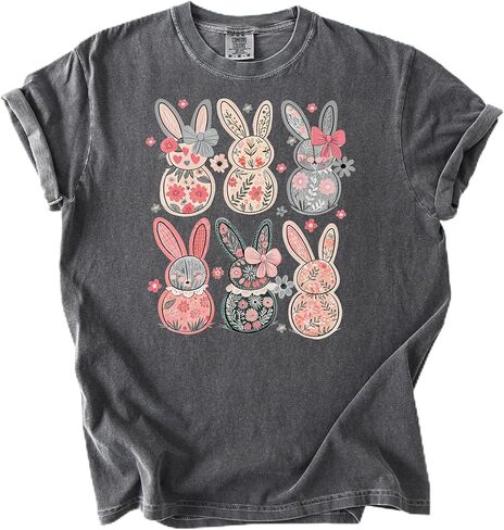 Retro Floral Bunnies Shirt for Women and Teens Girly Coquette Easter Bunny Tee in Saudi Arabia