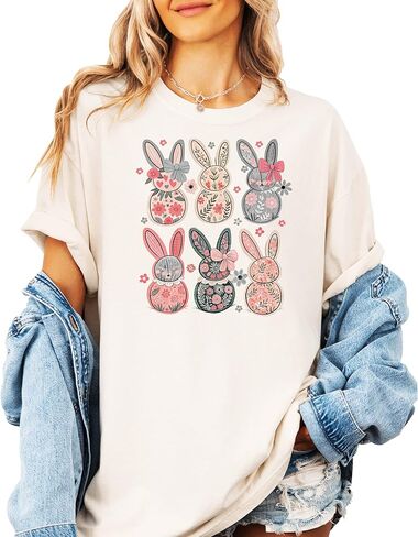 Retro Floral Bunnies Shirt for Women and Teens Girly Coquette Easter Bunny Tee in Saudi Arabia