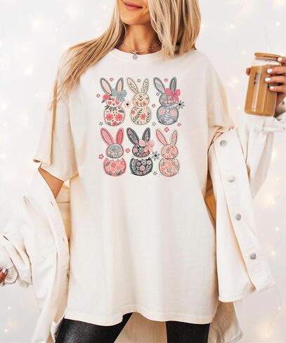 Retro Floral Bunnies Shirt for Women and Teens Girly Coquette Easter Bunny Tee in Saudi Arabia