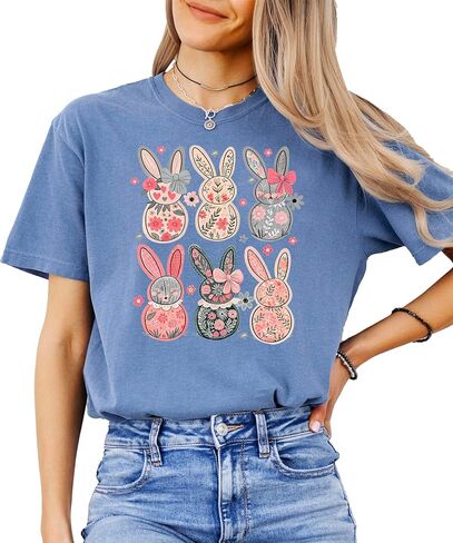 Retro Floral Bunnies Shirt for Women and Teens Girly Coquette Easter Bunny Tee in Saudi Arabia