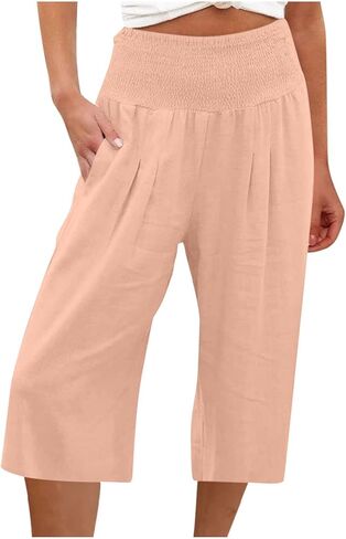 Long Shorts for Women Below The Knee Plus Size Casual Summer Loose Fit Long Pants Elastic Waist Short with Pockets in Saudi Arabia