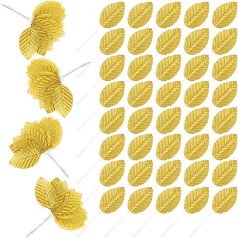 Gold Artificial Leaves with Stems - 120 PCS Realistic Silk/Fabric Leaves, Golden Fabric Floral Fake Wire Crafts Leaves, DIY Corsage Single Leaf for Wedding Party Home Decor Flower Bouquet in Kuwait