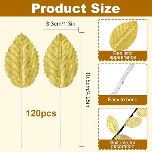 Gold Artificial Leaves with Stems - 120 PCS Realistic Silk/Fabric Leaves, Golden Fabric Floral Fake Wire Crafts Leaves, DIY Corsage Single Leaf for Wedding Party Home Decor Flower Bouquet in Kuwait