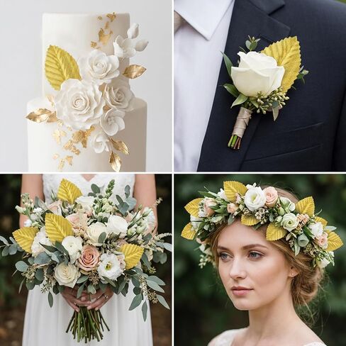 Gold Artificial Leaves with Stems - 120 PCS Realistic Silk/Fabric Leaves, Golden Fabric Floral Fake Wire Crafts Leaves, DIY Corsage Single Leaf for Wedding Party Home Decor Flower Bouquet in Kuwait