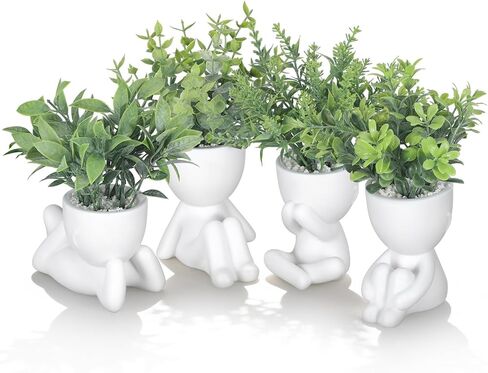 Tigeen 4 Packs Creative Fake Plants in Playful Human Shaped Pots Vase Cute Desk Decor Mini Artificial Greenery Positive Office Gifts Small Fake Plants for Desk Shelves Tabletop Modern Home Decoration in Saudi Arabia