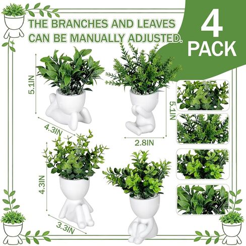 Tigeen 4 Packs Creative Fake Plants in Playful Human Shaped Pots Vase Cute Desk Decor Mini Artificial Greenery Positive Office Gifts Small Fake Plants for Desk Shelves Tabletop Modern Home Decoration in Saudi Arabia