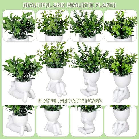 Tigeen 4 Packs Creative Fake Plants in Playful Human Shaped Pots Vase Cute Desk Decor Mini Artificial Greenery Positive Office Gifts Small Fake Plants for Desk Shelves Tabletop Modern Home Decoration in Saudi Arabia