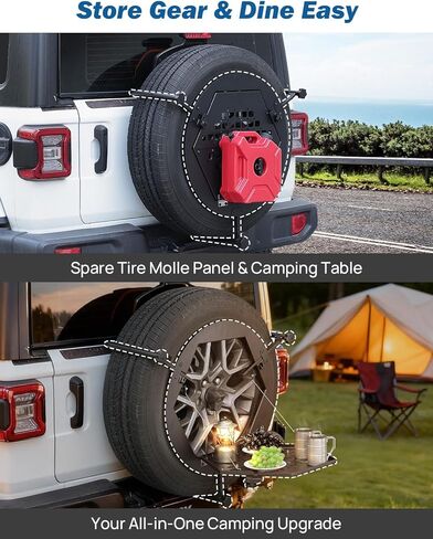 JOYTUTUS Molle Panel Fits Spare Tire 31.5"-38" Diameter 10"-12.4" Width Tires- Multi-Function Camping Table with Storage, 40lbs Capacity, Compatible with Most Wrangler Bronco SUVs in Saudi Arabia