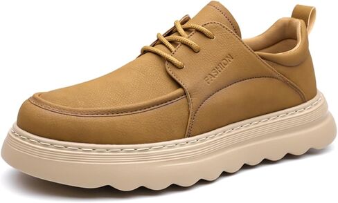 Men's Tan Leather Casual Shoes, Stylish Lace - Up Sneakers with Comfortable Thick Sole for Daily Wear in Saudi Arabia
