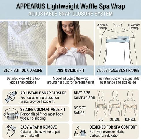 APPEARUS Women's Waffle Spa Bath Wrap with Adjustable Snap Closure - One Size (Fits S-L) Lightweight Quick-Dry Robe in Kuwait