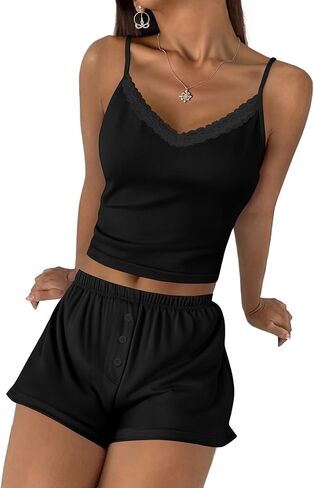 Ekouaer Cami Pajama Sets Y2K 2 Piece Lace Crop Top and Shorts Sexy Pjs Summer Lingerie Sleepwear Nightwear for Women in Saudi Arabia
