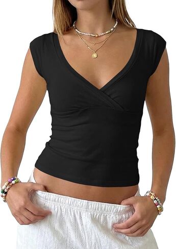 Cioatin Women Basic Solid Cap Sleeve Wrap V Neck Crop Tank Slim Fit Y2K Minimalist Clean Girls Summer Going Out Shirt Tops in Kuwait