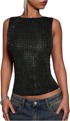 بلوزة نسائية لامعة بدون أكمام بحجر الراين اللامع بدون أكمام ورقبة دائرية مناسبة للحفلات الليلية والحفلات والنوادي والحفلات الموسيقية in Kuwait