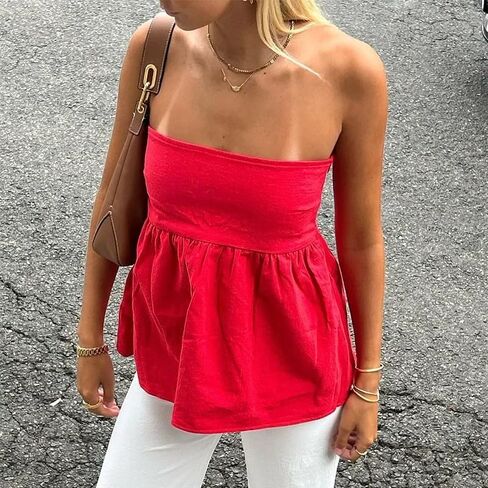 Women Sexy Strapless Ruffle Hem Tube Top Summer Solid Sleeveless Backless Pleated Peplum Flowy Bandeau Top in Saudi Arabia
