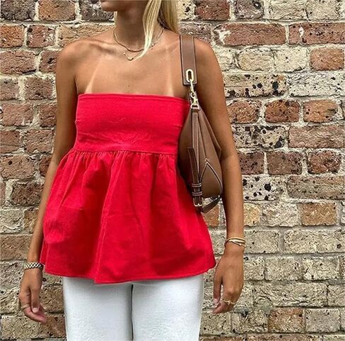 Women Sexy Strapless Ruffle Hem Tube Top Summer Solid Sleeveless Backless Pleated Peplum Flowy Bandeau Top in Saudi Arabia