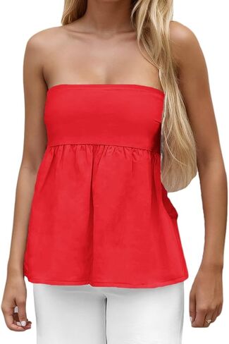 Women Sexy Strapless Ruffle Hem Tube Top Summer Solid Sleeveless Backless Pleated Peplum Flowy Bandeau Top in Saudi Arabia